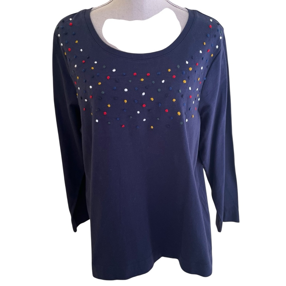 CJ Banks Navy Blue Cotton Scoop Neck Tee with Multi-Color Embroidered Dots